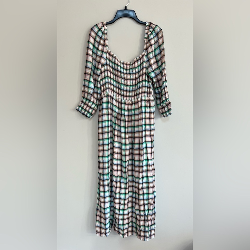Anthropologie Maeve Cerie Smocked Plaid 3/4 Puff Sleeved Midi Dress, M - Picture 3 of 13
